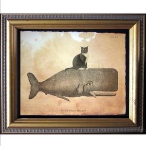 Tuxedo Cat on Whale Wall Art Print Tea Stained